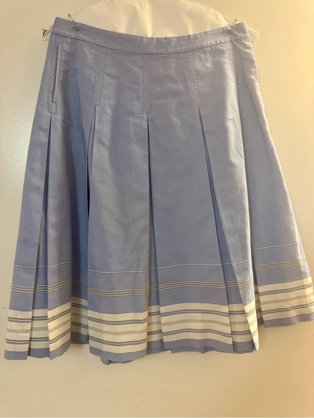 J. Crew Light Blue Pleated A-Line Skirt with White Stripe Detail